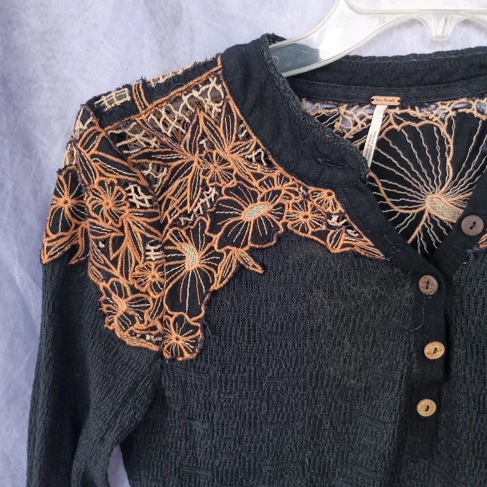 Free People Floral Lace Thermal Top Black Long Sleeve Boho Henley